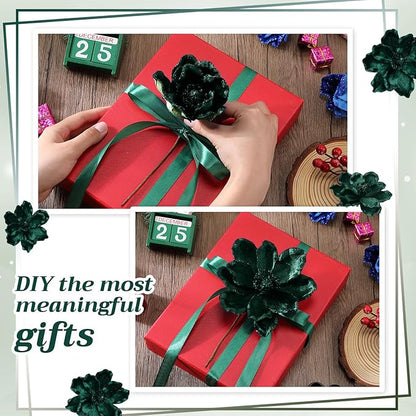 20 Pcs Christmas Glitter Poinsettia Magnolia Flowers Ornaments Large Heads Artificial Magnolia Flowers for Christmas Tree Xmas Wreath Holiday Wedding Decor(Green)
