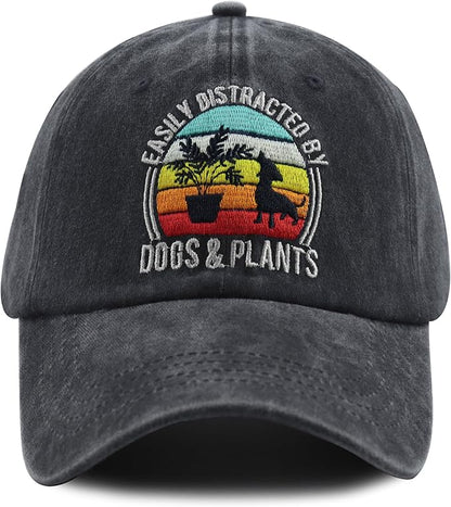 Easily Distracted by Dogs and Plants Hats, Adjustable Plant and Dog Decor Embroidered Baseball Cap for Men Women