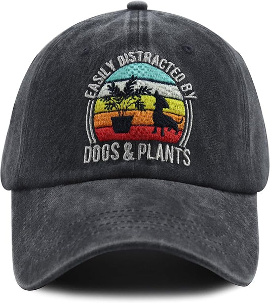 Easily Distracted by Dogs and Plants Hats, Adjustable Plant and Dog Decor Embroidered Baseball Cap for Men Women