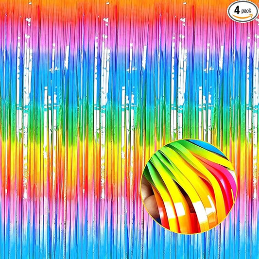 4 Pack Rainbow Tinsel Foil Fringe Curtain Backdrop, 3.28Ft x 8.2Ft Colorful Metallic Streamers for Photo Booth Props Wedding Bridal Shower Bachelorette Birthday Party Decoration New