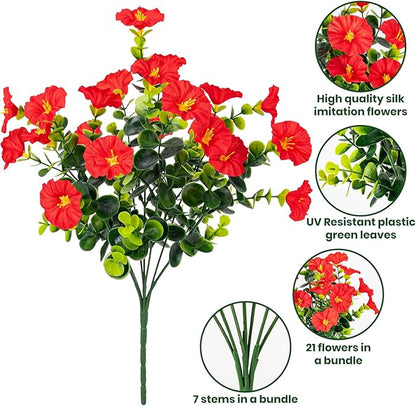 Artificial Faux Flowers for Outdoor 16 Bundles Boxwood Fake Morning Glory for Planter,UV Resistant Fake Flowers for Home Porch Patio Outside（7 Color）