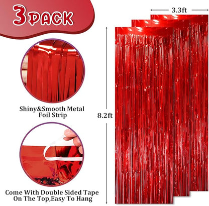 3 Pack 3.3x8.2 Feet Red Foil Fringe Backdrop Curtains, Tinsel Streamers Birthday Party Decorations, Fringe Backdrop for Graduation, Baby Shower, Gender Reveal, Disco Party