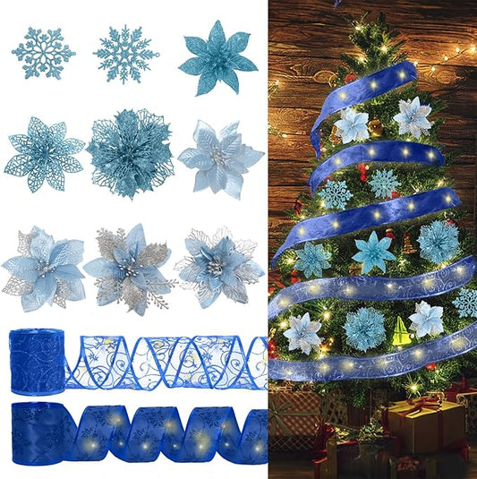 72Pcs Poinsettia Christmas Flowers with Ribbon - 9 Styles Glitter Artificial Poinsettia Christmas Ornaments for Wreath, Garland, Holiday Decor (Blue)