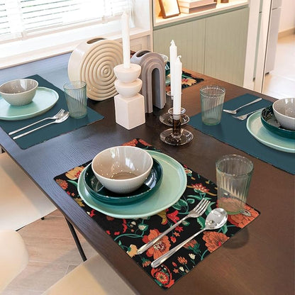 Boho Mandala Flower Placemats, Abstract Nature Hippy Orange Nature Flower Art Print Washable Fabric Placemats Table Kitchen Dining Party 12x18 Inch Set of 6