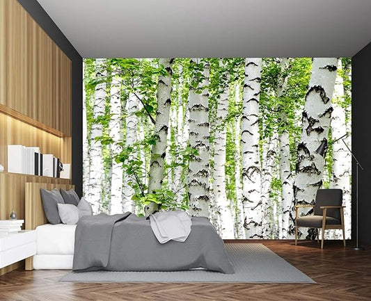 Cliouar-Photo Wallpaper Birch Forest Landscape Trees Poster Nature Lovers Green Forest Bedroom Decoration Mural 158"x110"(Not Self-Adhesive)