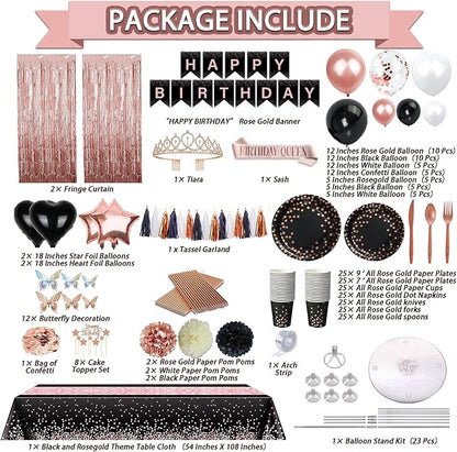 295 Pcs Black And Rose Gold Birthday Decorations, Birthday Decorations for Women or Girl Kit- Disposable Dinnerware Set with 25 Guest, Balloons, Sash, Tiara, Banner, Paper Pom Poms