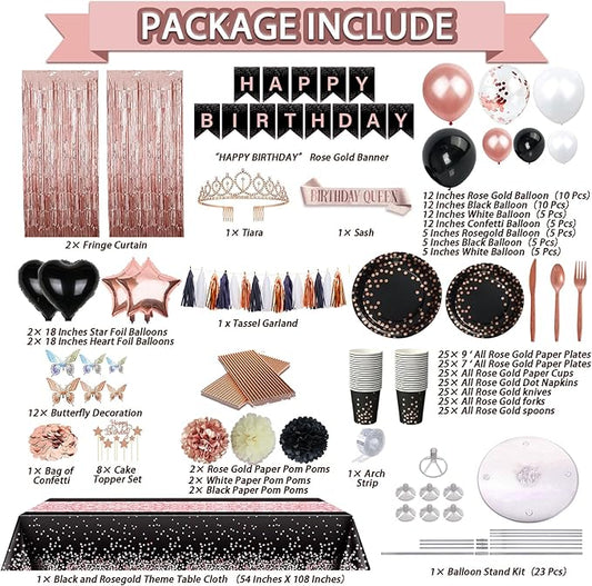 295 Pcs Black And Rose Gold Birthday Decorations, Birthday Decorations for Women or Girl Kit- Disposable Dinnerware Set with 25 Guest, Balloons, Sash, Tiara, Banner, Paper Pom Poms