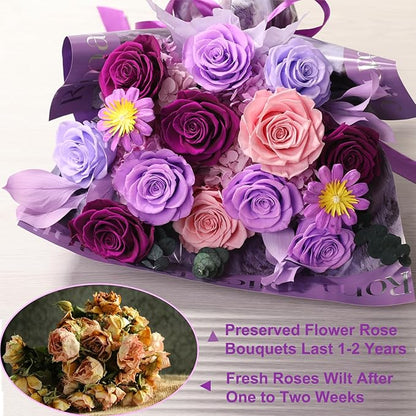 Flowers for Delivery Birthday Flowers Gift for Her,Preserved Flowers Bouquet 12 Roses Mixed Bouquet,Rose Gifts for Women Mom Grandma(Mixed 12 Lilac Roses)