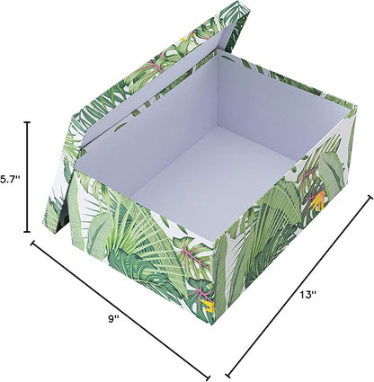 Soul & Lane Decorative Storage Cardboard Boxes with Lids | Tropical Breeze - Set of 3 | Green Jungle Leaves Paperboard Nesting Boxes