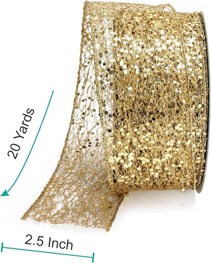 CT CRAFT LLC Sparkling Glitter Mesh Wired Ribbon 2.5" x 20 Yards Gold for Christmas Home Decor Bow Gift Wrapping DIY Crafts Wreath