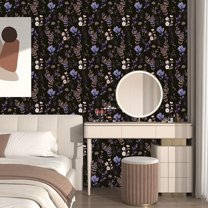 Black Floral Wallpaper Peel and Stick Purple Leaf Contact Paper 17.4" X 118" Moody Dark Wallpaper Waterproof Self-Adhesive Vintage Wall Covering for Bedroom Countertop Desk Cabinets Decor