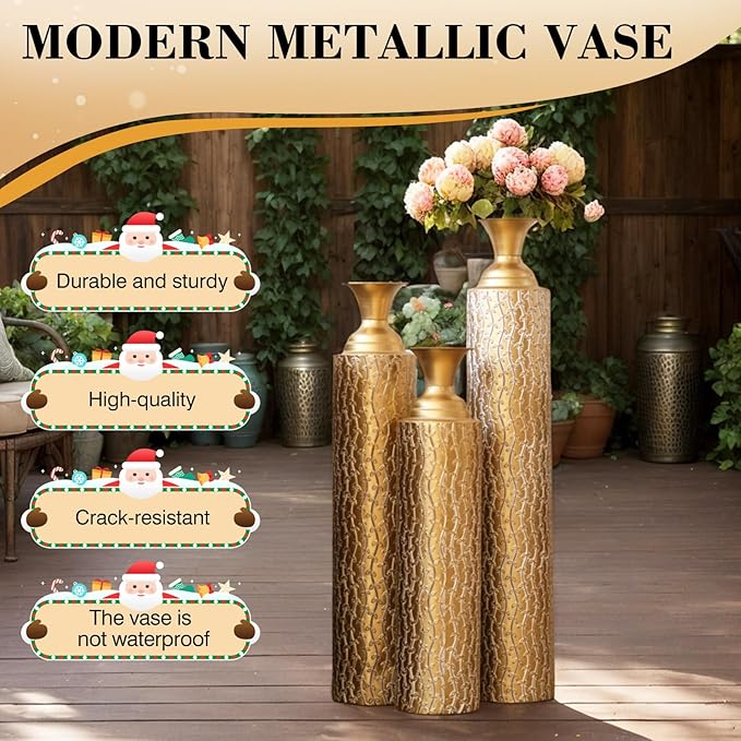 Floor Oversized Gold Metal Decorative Vase with 3D Triangle Pattern Set of 3 Large Vases for Home Living Room 33.5 ", 29.5 ", 25.2" High (Matte Gold)