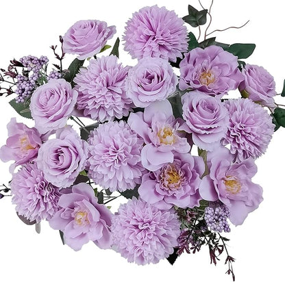 Premium Purple Artificial Flowers Bouquet, Silk Fake Flower Decoration, Faux Floral Arrangements for Wedding Bridal Bouquets and Home Table Centerpieces Décor