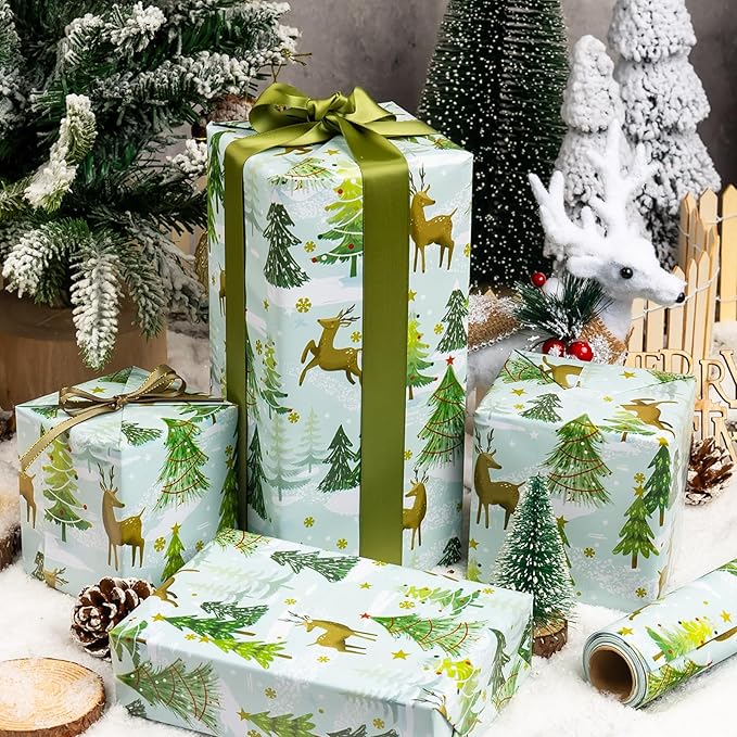 MAYPLUSS Christmas Wrapping Paper - 17 In x 33 Feet - Cute Watercolor Winter Snowy Wonderland Deer and Christmas Tree Print Holiday Gift Wrap Paper for New Year, Xmas Gift Wrap, Party, Nature Lover