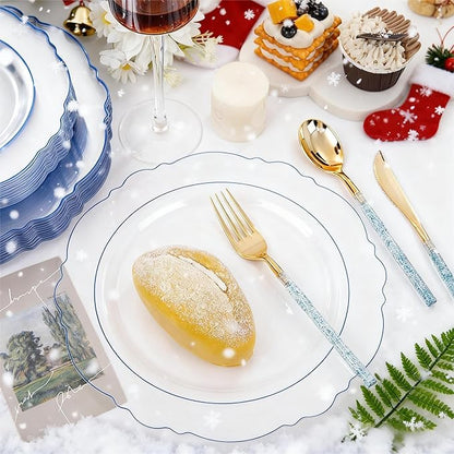 Liacere 150PCS Clear and Blue Plastic Plates-Clear and Blue Disposable Plates with Glitter Bamboo Handle Cutlery-60 Baroque Elegant Plates, 30 Forks, 30 Spoons, 30 Knives for Wedding＆Christmas