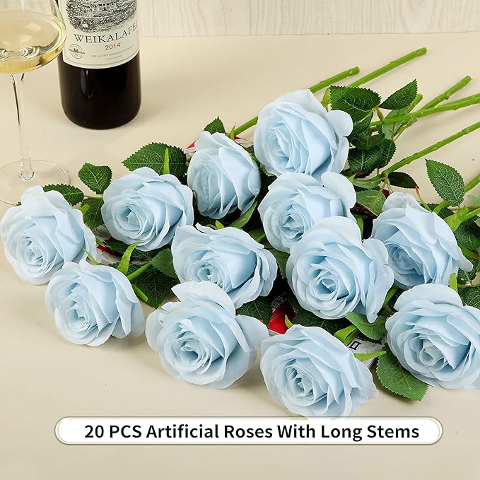 20PCS Artificial Roses with Long Stems - Realistic Silk Flowers, Fake Roses Real Touch Bouquet Roses for Home Decor, Bridal Wedding Table Centerpieces, Faux Rose Flowers (White&Sky Blue)