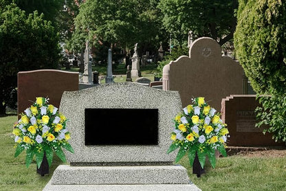 Artificial Cemetery Flowers, Gravesite Decoration Roses, Memorial Bouquets with Cemetery Vase, Vibrant and Long-Lasting Colors (Yellow+White, 2 Bundles)