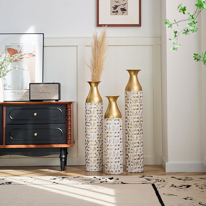 Floor Vases, Tall Home Decor Metal Vase Set of 3 Large Glazed Decorative Vases for Wedding Decor, Elegant Modern Flower Holder for Living Room, Entryway, Hallway, Dining Room