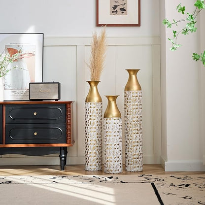 Floor Vases, Tall Home Decor Metal Vase Set of 3 Large Glazed Decorative Vases for Wedding Decor, Elegant Modern Flower Holder for Living Room, Entryway, Hallway, Dining Room