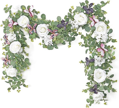 2Pcs 5.9 Ft Artificial Rose Vine Fake Flower Garland White Rose Hydrangea Vines with 3D Butterflies Hanging Floral Eucalyptus Garland for Wedding Party Background Arch Table Wall Home Decor