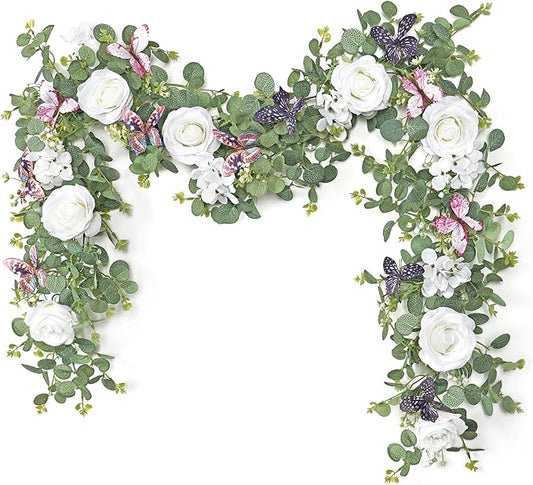2Pcs 5.9 Ft Artificial Rose Vine Fake Flower Garland White Rose Hydrangea Vines with 3D Butterflies Hanging Floral Eucalyptus Garland for Wedding Party Background Arch Table Wall Home Decor