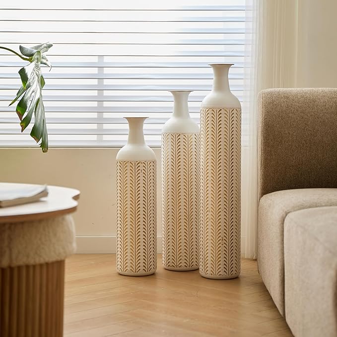Floor Vases, Tall Home Decor Metal Vase Set of 3 Large Glazed Decorative Vases for Wedding Decor, Elegant Modern Flower Holder for Living Room, Entryway, Hallway, Dining Room