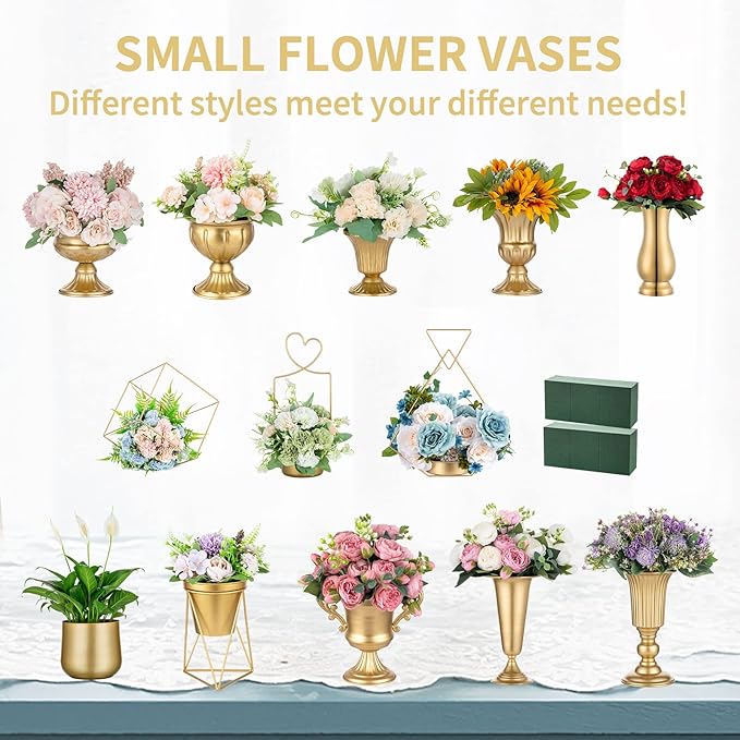 Nuptio Gold Vases for Centerpieces - 10 Pcs, 9in Height Metal Urn Planter Elegant Wedding Centerpieces for Tables - Trumpet Vase for Weddings and Party Decoration