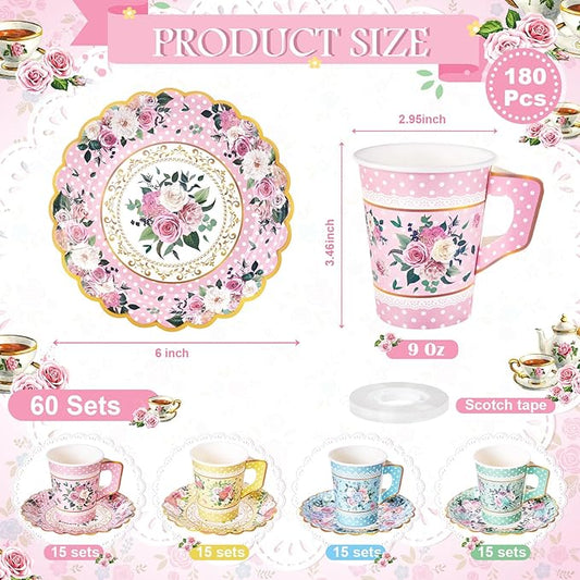 180 Pcs Floral Paper Tea Cups and Plates 9 OZ Disposable Paper TeaCups and Saucers with Tea Party Napkins Set for Tea Party Decoration Birthday Wedding Bridal Shower Party Supplies