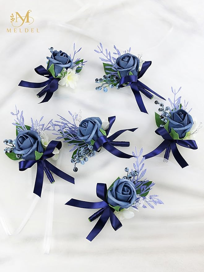 Meldel Blue Boutonniere for Men Wedding, Set of 6, Groom Groomsman Guest Boutonnieres Wedding Decor Artificial Flowers Corsage for Wedding Ceremony Formal Dinner Prom Party Decoration