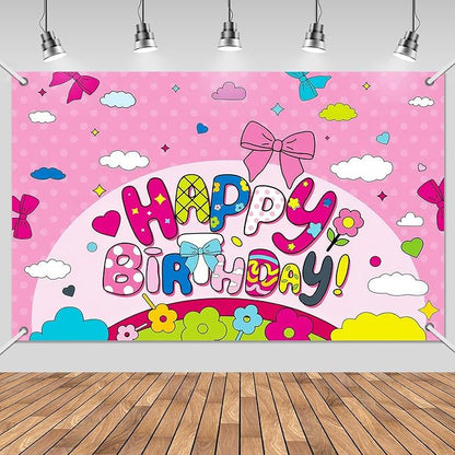 3x5ft Cartoon Bow Birthday Backdrop, Happy Birthday Decoration Background, Cute Pink Theme Party Supplies Outdoor Indoor Photo Banner