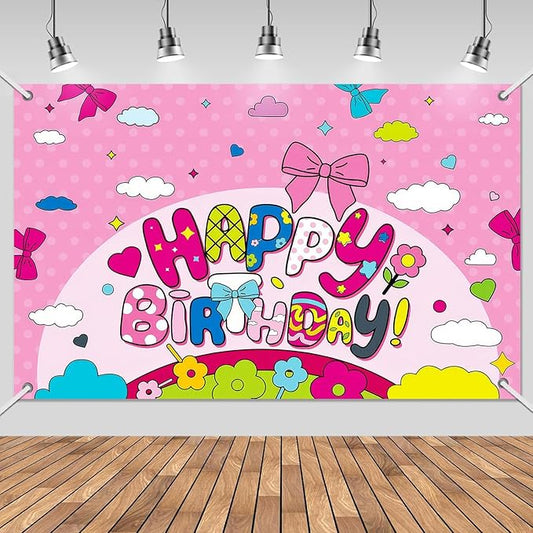 3x5ft Cartoon Bow Birthday Backdrop, Happy Birthday Decoration Background, Cute Pink Theme Party Supplies Outdoor Indoor Photo Banner