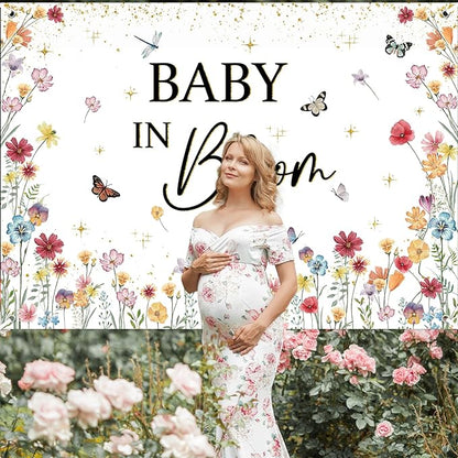 Avezano Wildflower Baby in Bloom Backdrop Banner Wildflower Baby Shower Party Decorations for Girls Gold Glitter Butterfly Spring Floral Newborn Party Supplies (7x5ft)