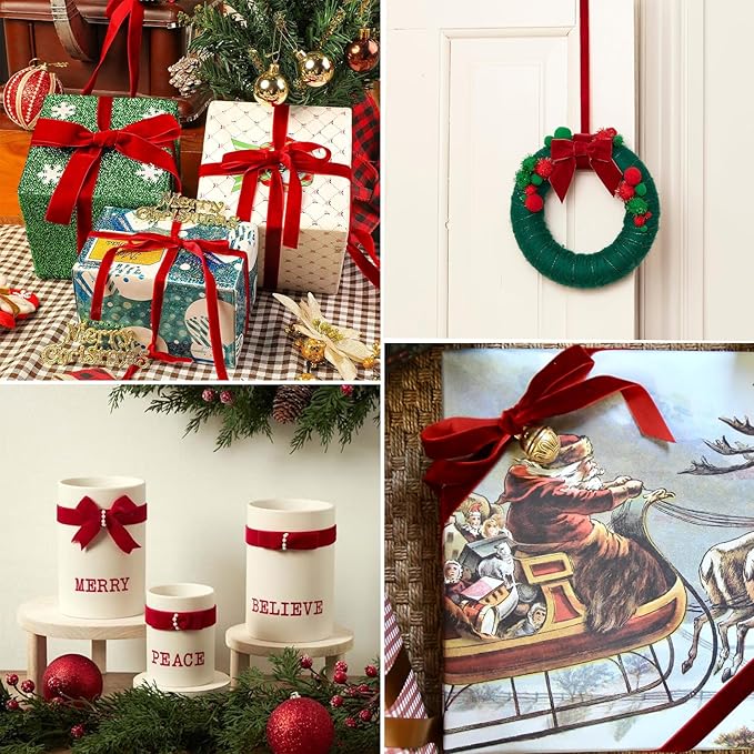Red Velvet Ribbon 1 inch x 10 Yards for Christmas Tree, Gift Wrapping, Wreath Decorations, Flower Bouquet, Bow Making, Crafts