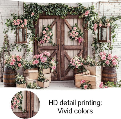 15x10ft Country Wedding Photography Backdrop Floral Rustic Roses Farmhouse Wooden Door Backdrop Pink Flower Birthday Baby Shower Wedding Bridal Party Banner Photo Booth Props Anniversary Background