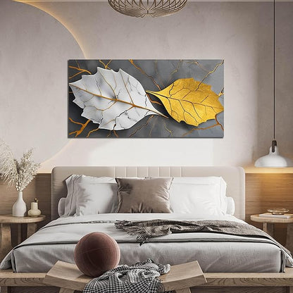 Large Canvas Wall Art for Living Room Bedroom Office Gold and White Leaves Picture Modern Canvas Prints Grey Abstract Framed Wall Decor Size 24x48