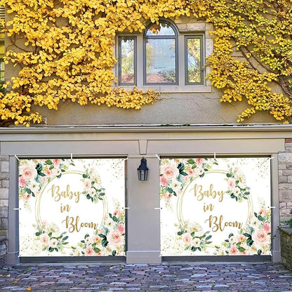 Baby in Bloom Baby Shower Garage Door Cover Banner Decorations Backdrop 7x8ft Pink Boho Floral Golden Loop Garage Door Backdrop Baby Shower Cake Table Outdoor Garage Door Banner Decorations