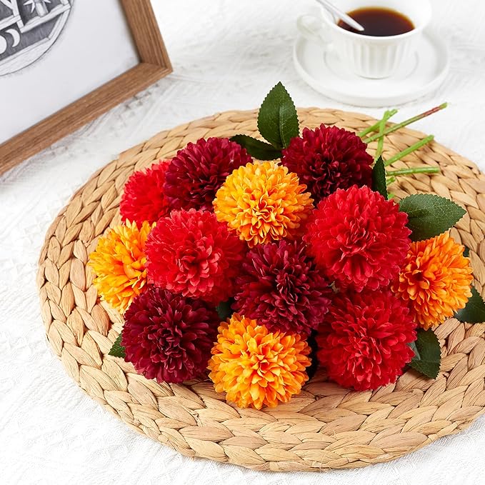 SITUMEIZI 12 Pcs Artificial Chrysanthemums Flowers Ball Flower Fake Mums Silk for Wedding Home Kitchen Decoration Floral Arrangement(Burgundy,Red,Orange)
