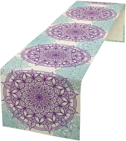 Boho Mandala Table Runner, Purple Blue Bohemian Floral Table Decor Runner for Kitchen Dining Indoor Outdoor Party Decoration, 13x60 Inch