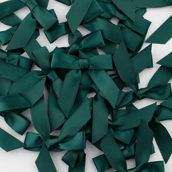 7Rainbows 50pcs Boutique 1.5" Dark Green Satin Ribbon Mini Bows for Craft Sewing Scrapbooking Wedding and Gift Wrapping