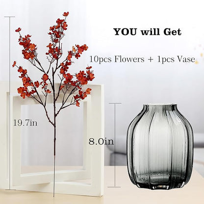 JAKY-Global Babys Breath Silk Artificial Flowers Bulk with Vase 10pcs Fall Decor Fake Flower Bouquet Bulk for Home Kitchen Indoor Arrangement Table Centerpieces Party Decor(Burnt Red Brown with Vase)