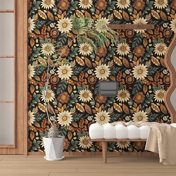 Vintage Boho Wallpaper Peel and Stick,Black Brown/Green Floral Contact Paper 17.5" x 393.7", Retro Flower Botanical Wall Paper Self Adhesive Removable Waterproof for Walls Shelves Cabinet Table Decor