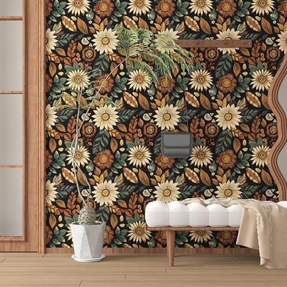 Boho Wallpaper Peel and Stick,Vintage Black Brown/Green Floral Contact Paper 17.5" x 118", Retro Flower Botanical Wall Paper Self Adhesive Removable Waterproof for Walls Shelves Cabinet Table Decor