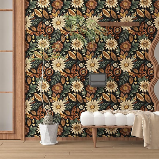 Boho Wallpaper Peel and Stick,Vintage Black Brown/Green Floral Contact Paper 17.5" x 118", Retro Flower Botanical Wall Paper Self Adhesive Removable Waterproof for Walls Shelves Cabinet Table Decor