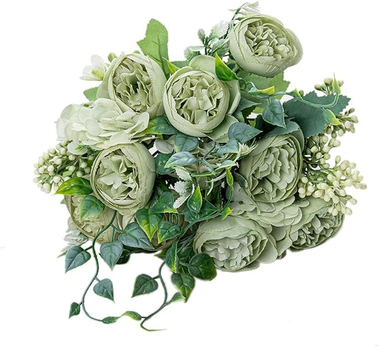 KAOYOO 2 PCS Artificial Peony Bouquet Short Stem for DIY Wedding Decoration Bridal Bouquet Home Decorations(Green 2-PCS)