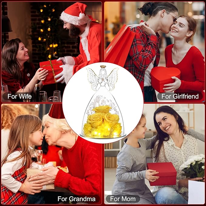 Christmas Rose Gifts for Women Preserved Real Flower in Glass Angel Figurines Roses for Delivery Prime Birthday Gifts for Mom Grandma Girlfriend Wife Her, Yellow