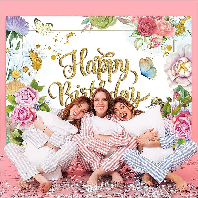 Flower Decoration Backdrop for Women Girl Birthday Party Spring Butterfly Happy Birthday Photography Background Greenery Pink Wildflower Banner 7x5ft
