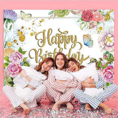 Flower Decoration Backdrop for Women Girl Birthday Party Spring Butterfly Happy Birthday Photography Background Greenery Pink Wildflower Banner 7x5ft