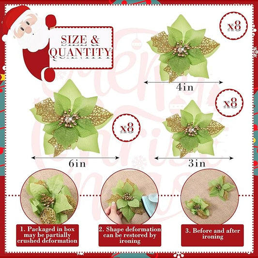 Boao 24 Pieces Christmas Artificial Glitter Poinsettia Flowers Xmas Flowers Wedding Christmas Tree New Year Ornaments(Green)