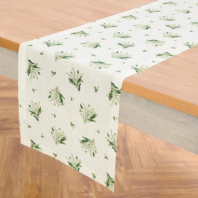 Solino Home Lily Floral Print Table Runner 60 inch - 100% Pure Linen Table Runner 14 x 60 Inch - Machine Washable - Lily of The Valley/Off White Print