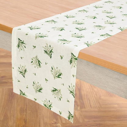 Solino Home Lily Floral Print Table Runner 60 inch - 100% Pure Linen Table Runner 14 x 60 Inch - Machine Washable - Lily of The Valley/Off White Print